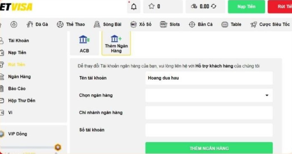 Rút tiền Betvisa 1 Chọn ngân hàng để thực hiện rút tiền về tài khoản