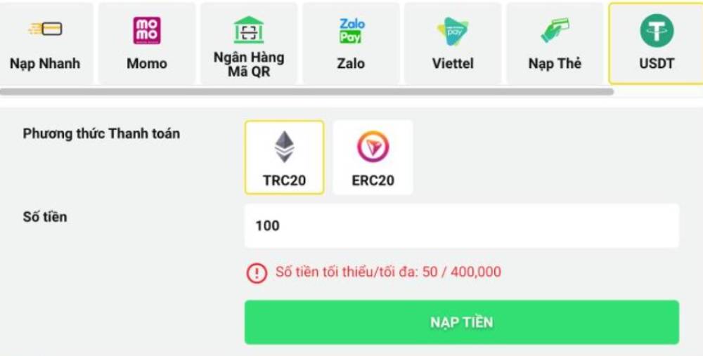 Nạp tiền Betvisa 2 Thời giạn nạp bằng USDT thường dài hơn các phương pháp khác